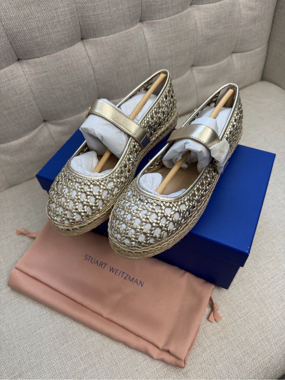 Stuart Weitzman Metallic Gold Woven Mary Jane Espadrilles